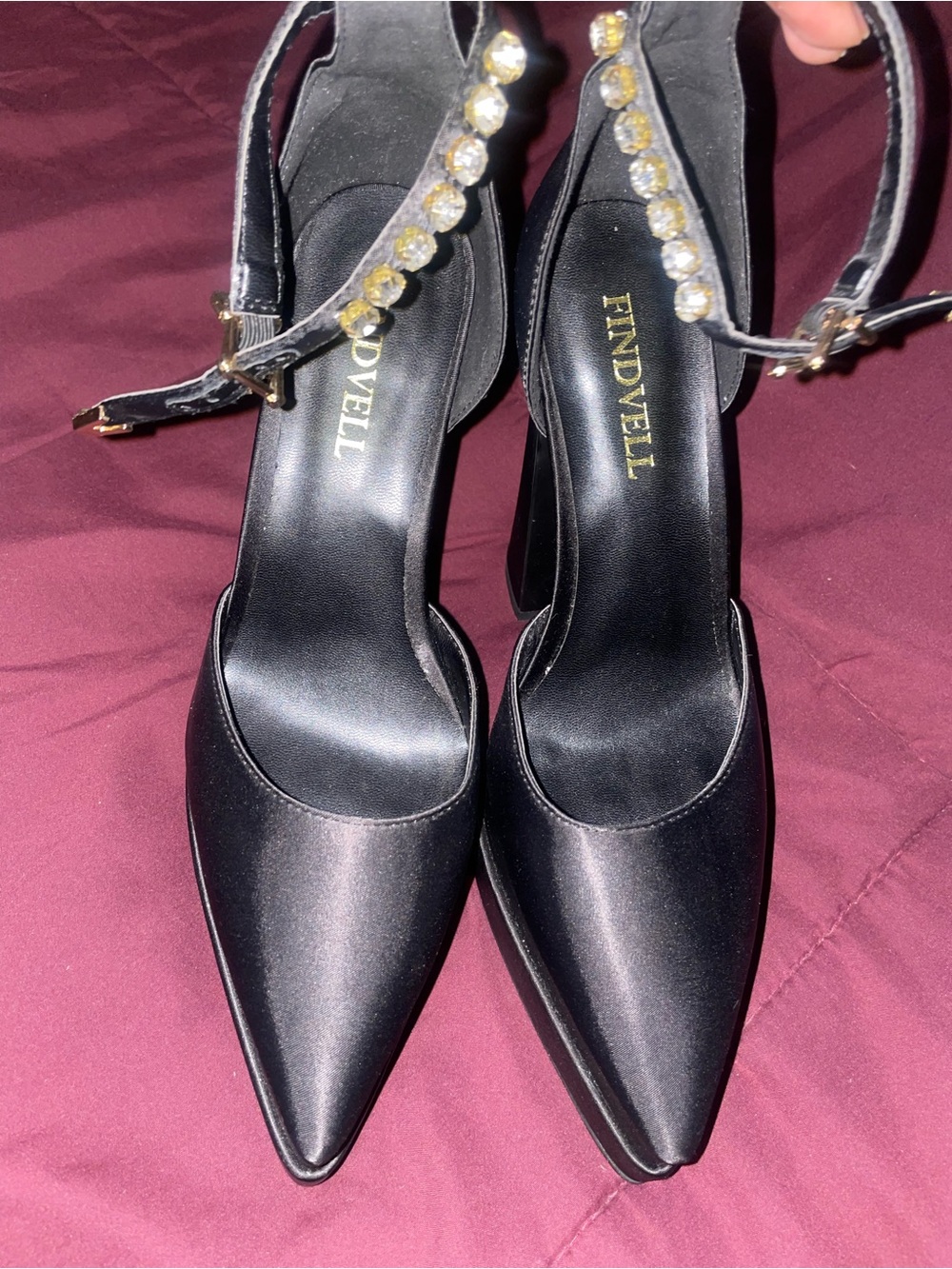 Findveil- Black platform rhinestone ankle strap heels